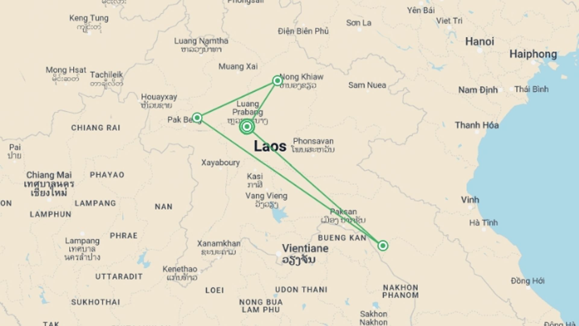A map showing the tour itinerary for the trip: Hidden Tribes and Trails of Laos, starting in Luang Prabang, Laos and ending in Luang Prabang, Laos going through 3 other destinations.