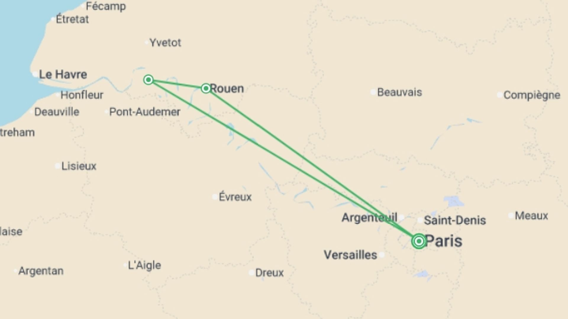 A map showing the tour itinerary for the trip: Parisian New Year on the Seine (port-to-port cruise), starting in Paris, France and ending in Paris, France going through 2 other destinations.