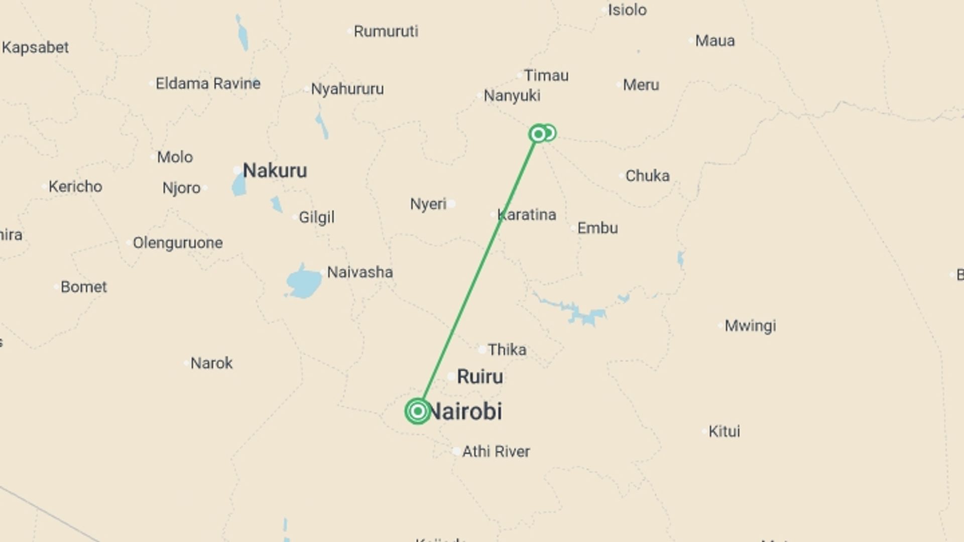 A map showing the tour itinerary for the trip: Mount Kenya Ascent, starting in Nairobi, Kenya and ending in Nairobi, Kenya going through 5 other destinations.