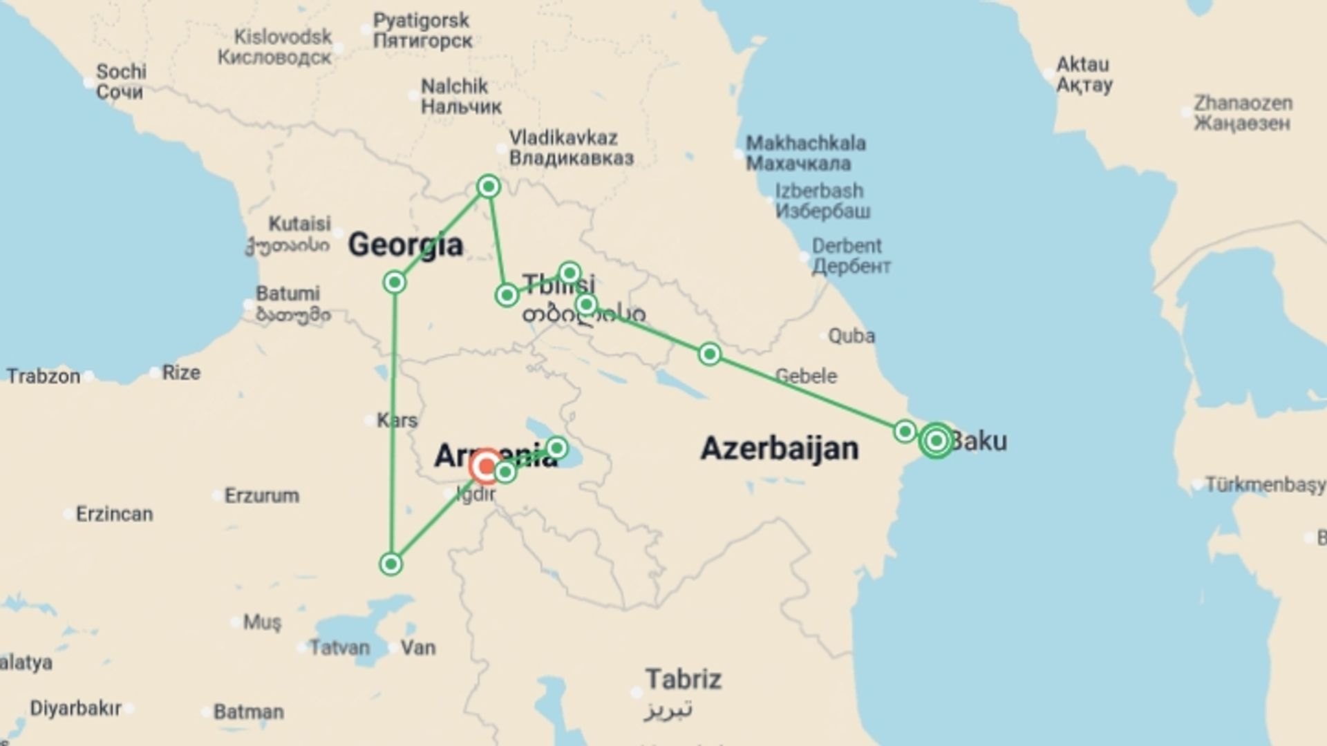 A map showing the tour itinerary for the trip: Azerbaijan, Georgia & Armenia Explorer, starting in Baku, Azerbaijan and ending in Yerevan, Armenia going through 0 other destinations.