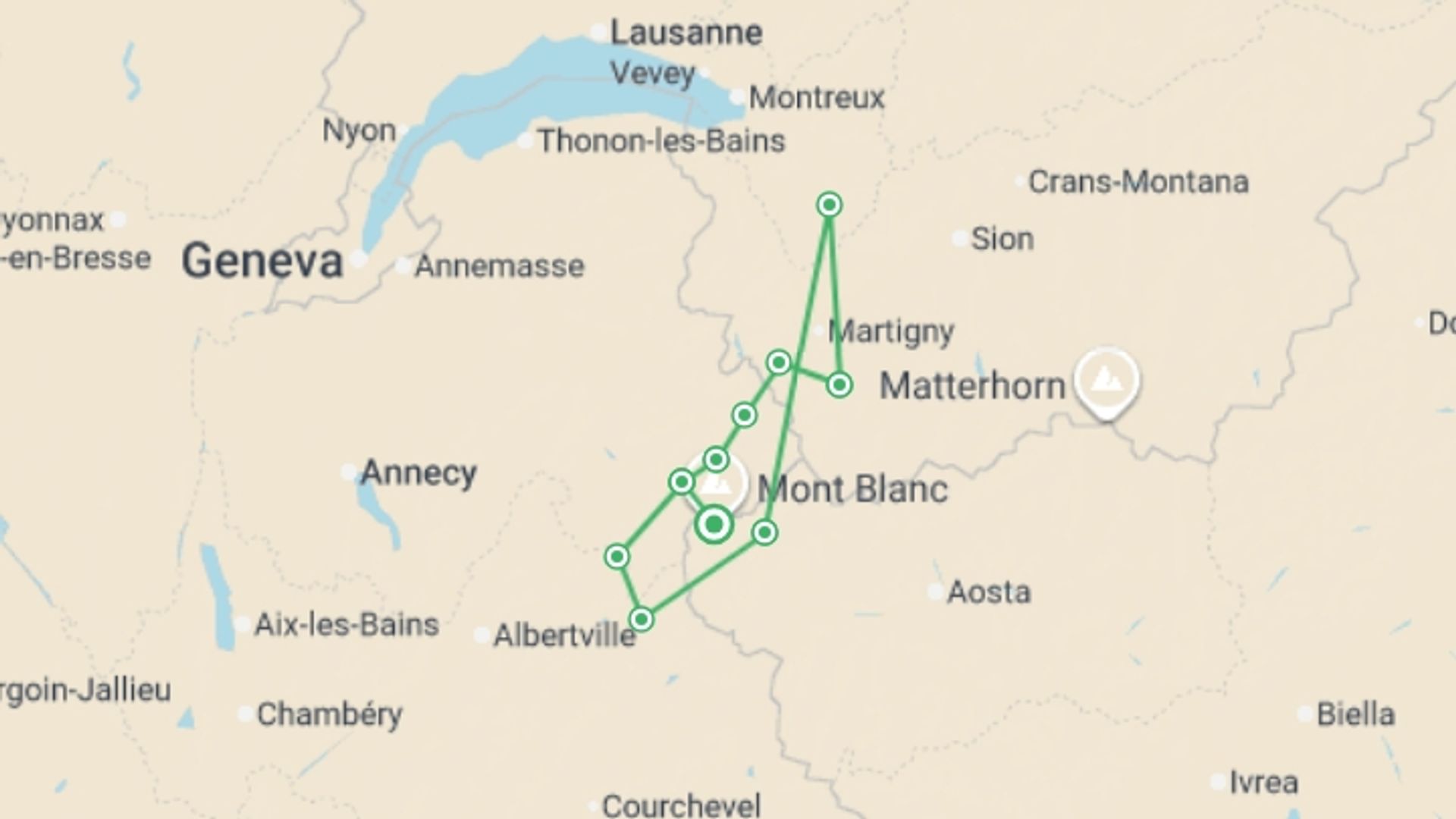 A map showing the tour itinerary for the trip: Classic Tour du Mont Blanc in Comfort, starting in Mont Blanc, France and ending in Mont Blanc, France going through 9 other destinations.