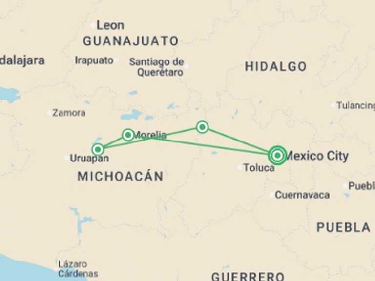 Map of North America Tour with 2 destination visits for the trip: Mexico City and the Heart of Michoacán