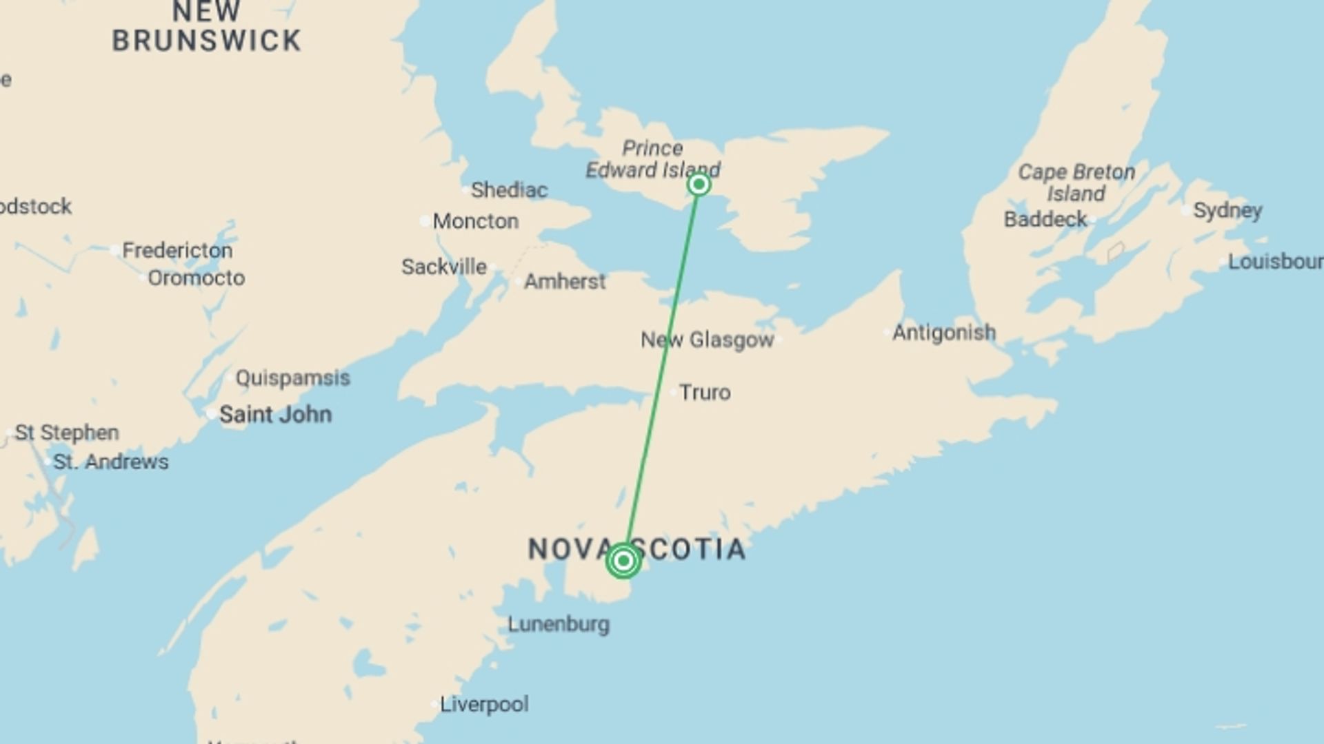 A map showing the tour itinerary for the trip: Prince Edward Island Discovery - 5 days, starting in Halifax, Canada and ending in Halifax, Canada going through 1 other destinations.