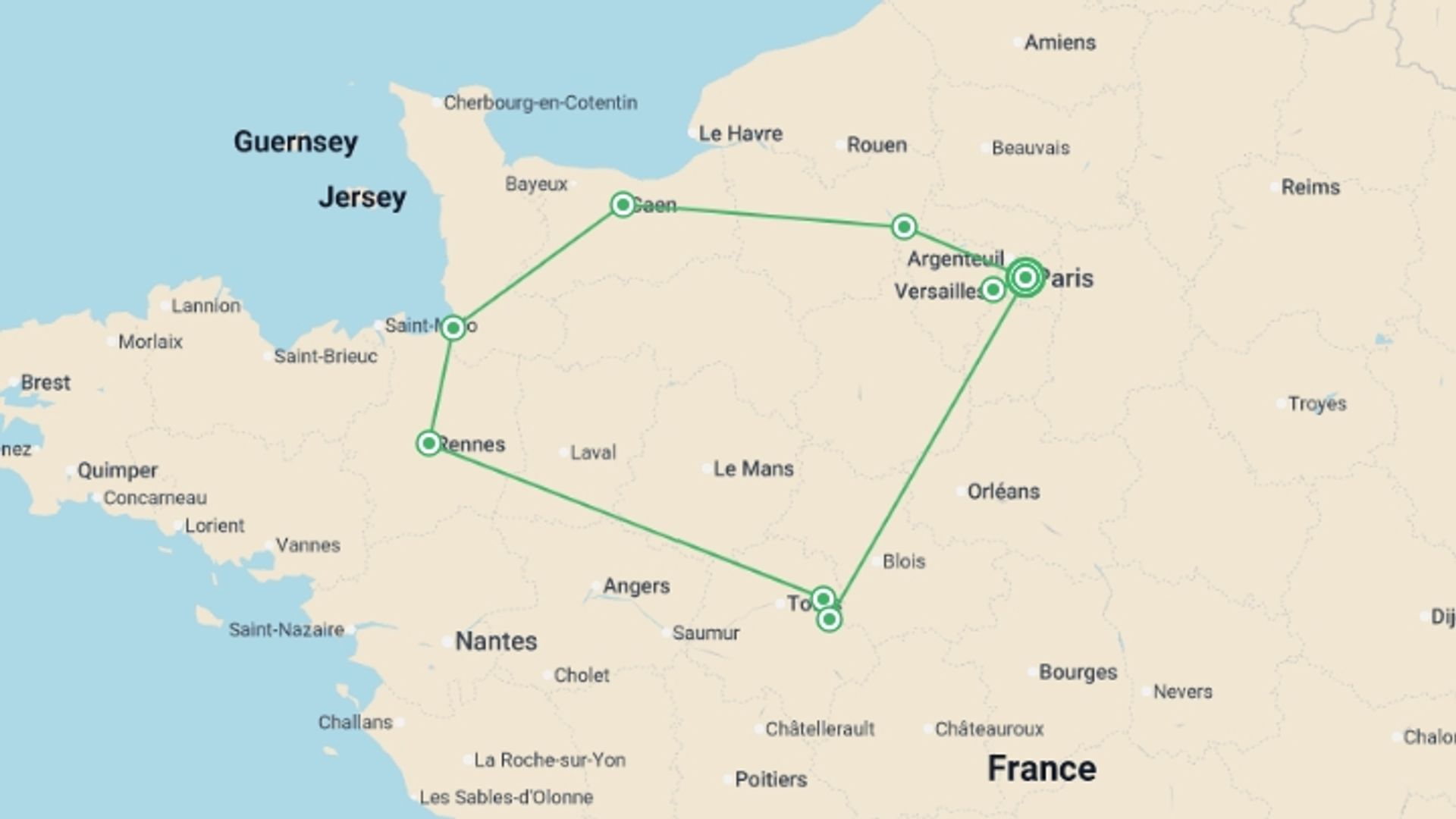 A map showing the tour itinerary for the trip: Highlights of Paris Normandy and the Loire Valley, starting in Paris, France and ending in Paris, France going through 5 other destinations.