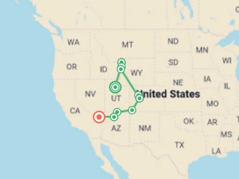 Map itinerary of USA Tour in Summer with 12 destination visits for the trip: Grand Canyon, Yellowstone and Rocky Mountain Trails
