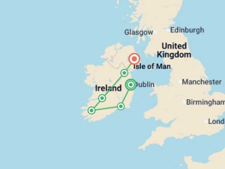Map itinerary of Killarney Tour in October 2026 with 7 destination visits for the trip: Shades of Ireland 