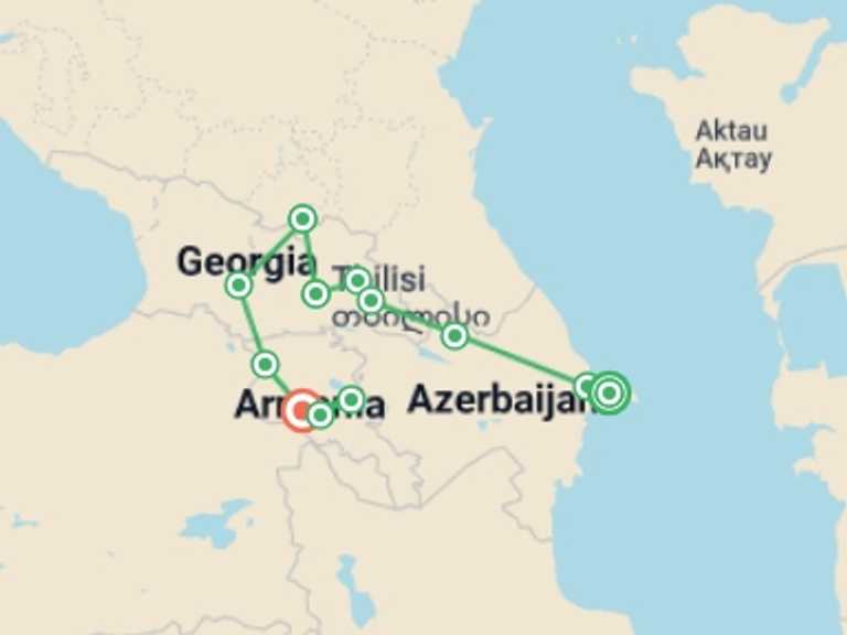 Map of Yerevan Tour with 12 destination visits for the trip: Azerbaijan, Georgia & Armenia Explorer