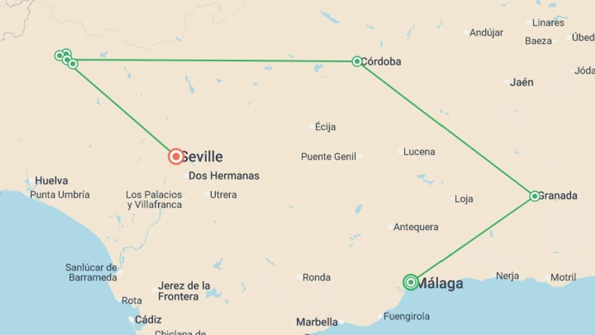 A map showing the tour itinerary for the trip: Highlights of Andalucia, starting in Malaga, Spain and ending in Seville, Spain going through 6 other destinations.