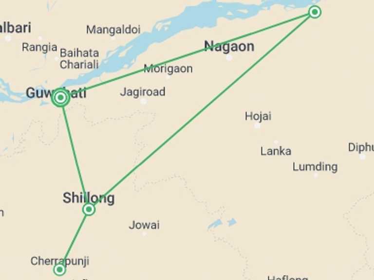 Map of Asia Tour with 4 destination visits for the trip: North-East with Wildlife in Kaziranga
