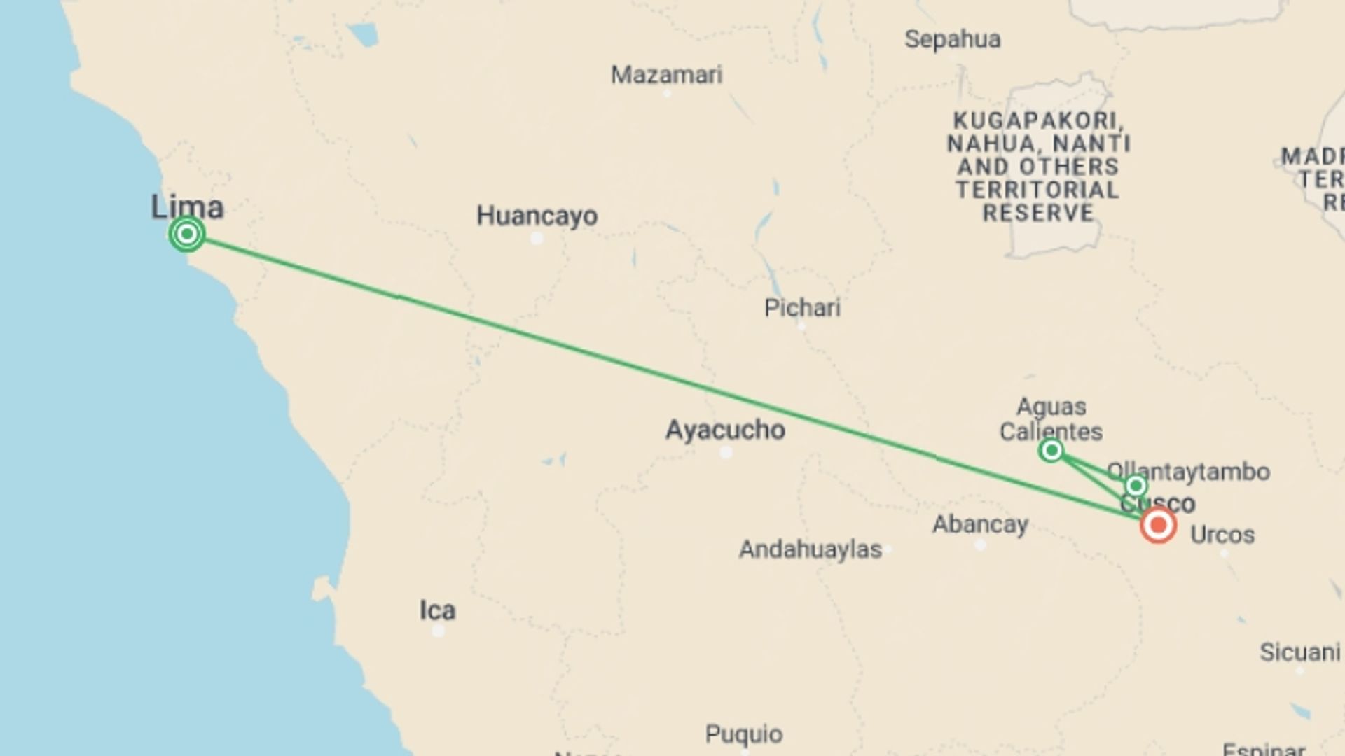 A map showing the tour itinerary for the trip: Peruvian Highlights Reunion 35 to 45, starting in Lima, Peru and ending in Cusco, Peru going through 3 other destinations.