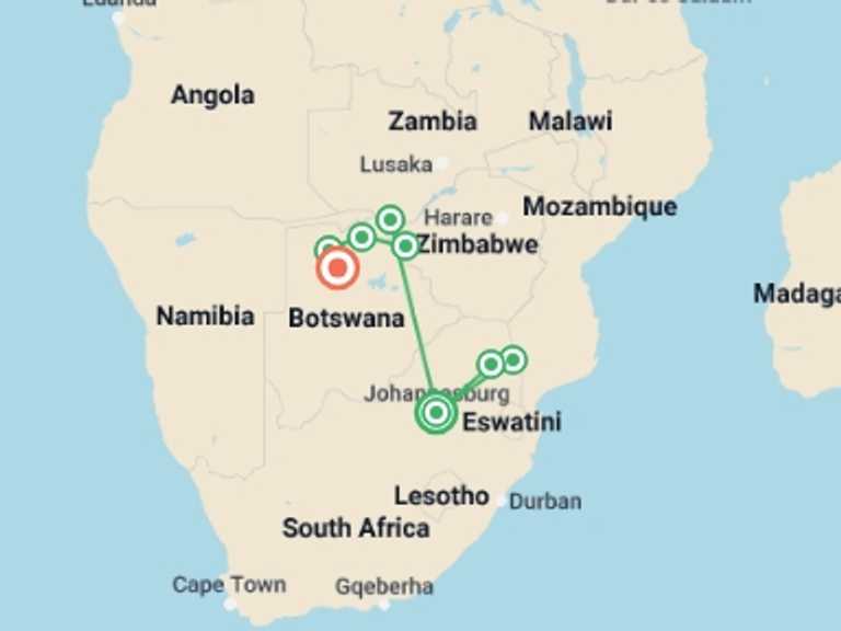 Map of Africa Tour with 8 destination visits for the trip: Journeys: Southern Africa Safari Experience