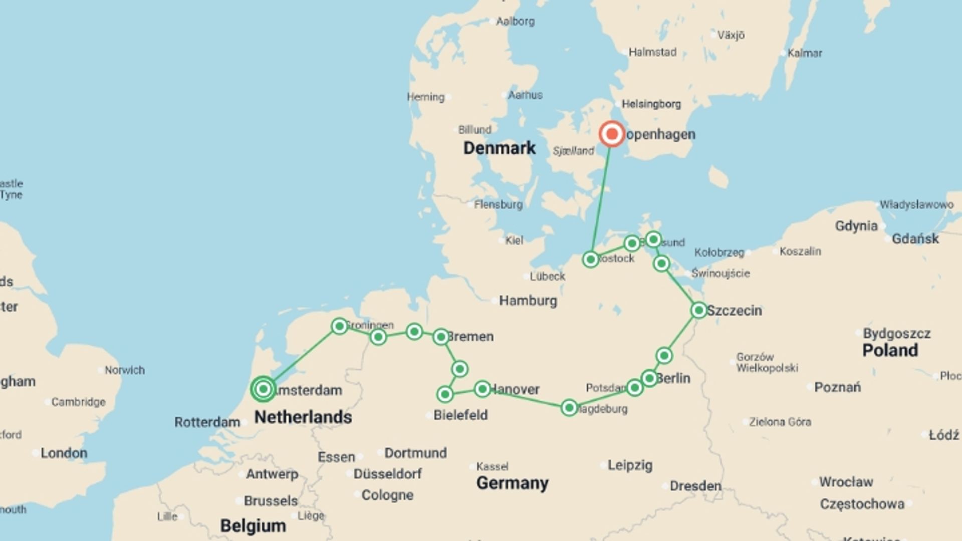 A map showing the tour itinerary for the trip: From Amsterdam to Copenhagen, explore the northern canals by cruising  the Elbe, the Havel, the Oder and the Baltic sea (port-to-port cruise), starting in Amsterdam, Holland and ending in Copenhagen, Denmark going through 13 other destinations.