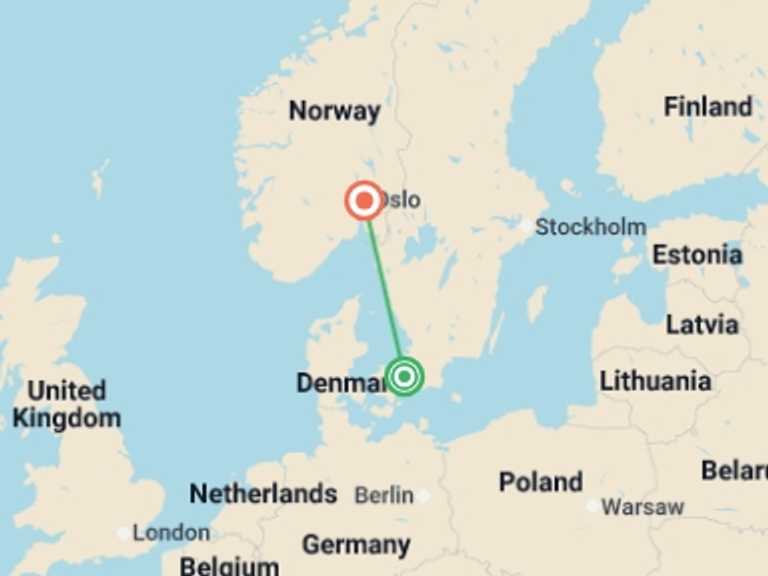 Map of 5-Day Scandinavia Tour with 2 destination visits for the trip: Cruise Copenhagen to Oslo - 5 days