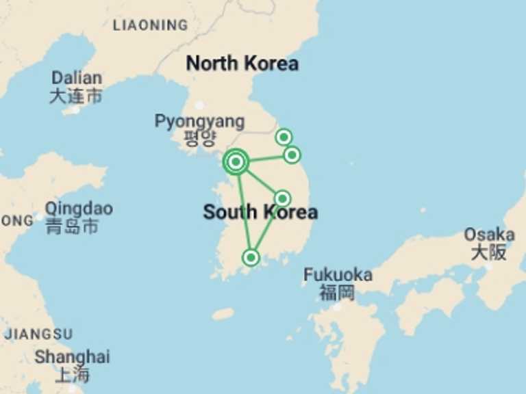Map itinerary of South Korea Tour in Spring with 4 destination visits for the trip: South Korea Highlights