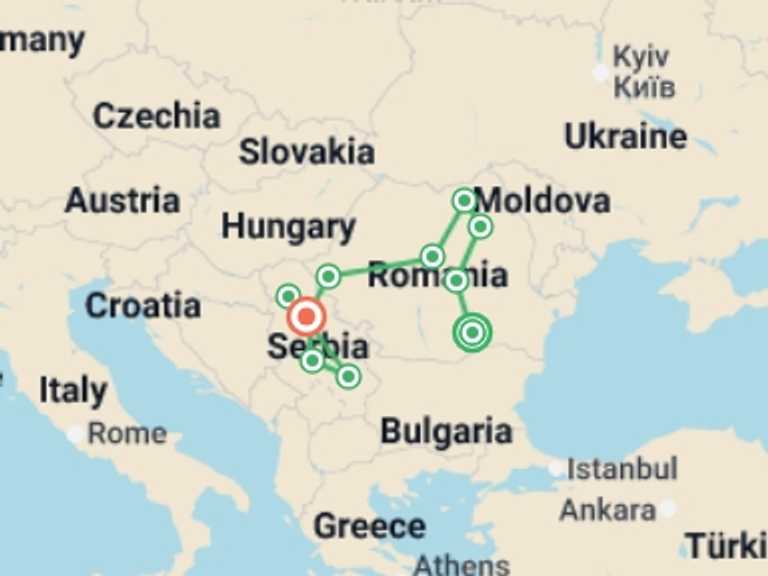 Map of Europe Tour with 10 destination visits for the trip: Balkan Tour – Ending in Belgrade