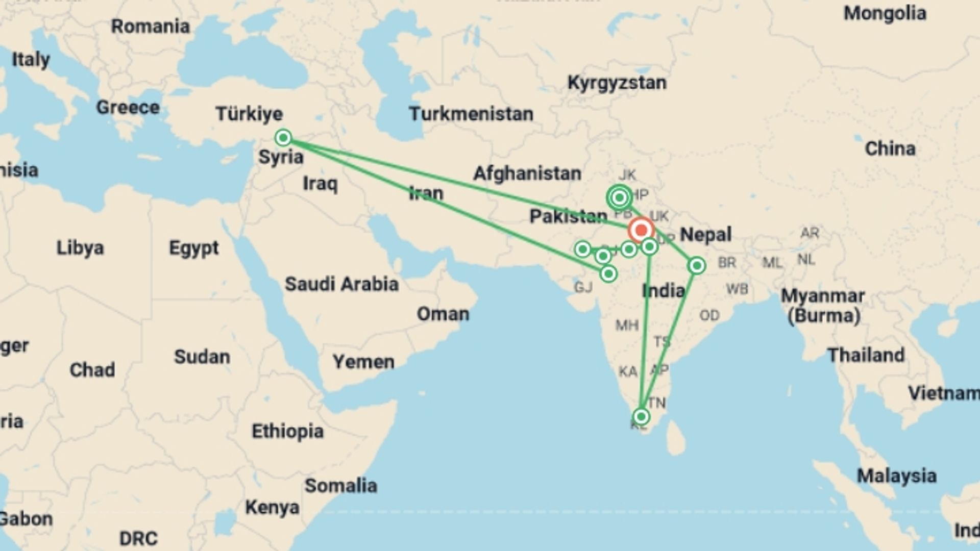 A map showing the tour itinerary for the trip: India: See & Experience it all in 17 days, Luxury Tour , starting in Amritsar, India and ending in Delhi & Golden Triangle, India going through 10 other destinations.