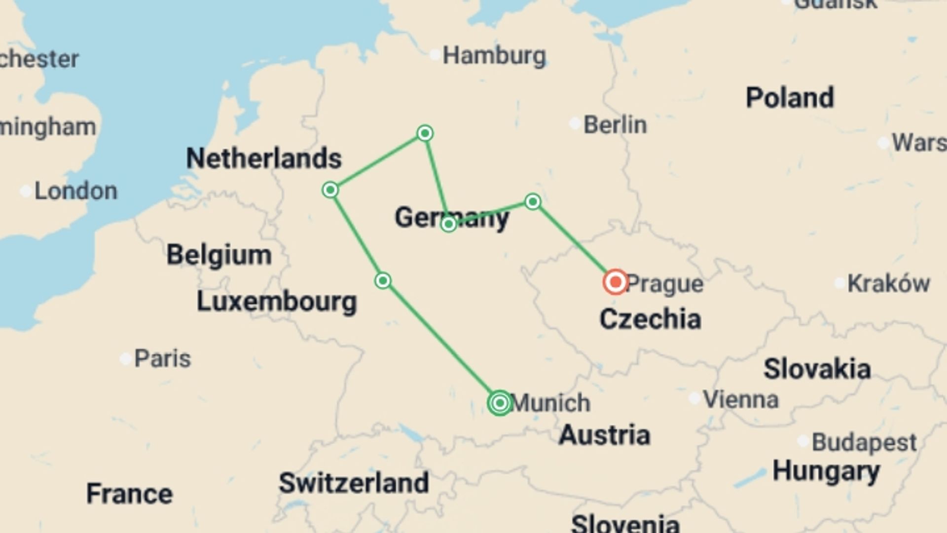 A map showing the tour itinerary for the trip: From Bavaria to Prague, starting in Munich, Germany and ending in Prague, Czech Republic going through 5 other destinations.
