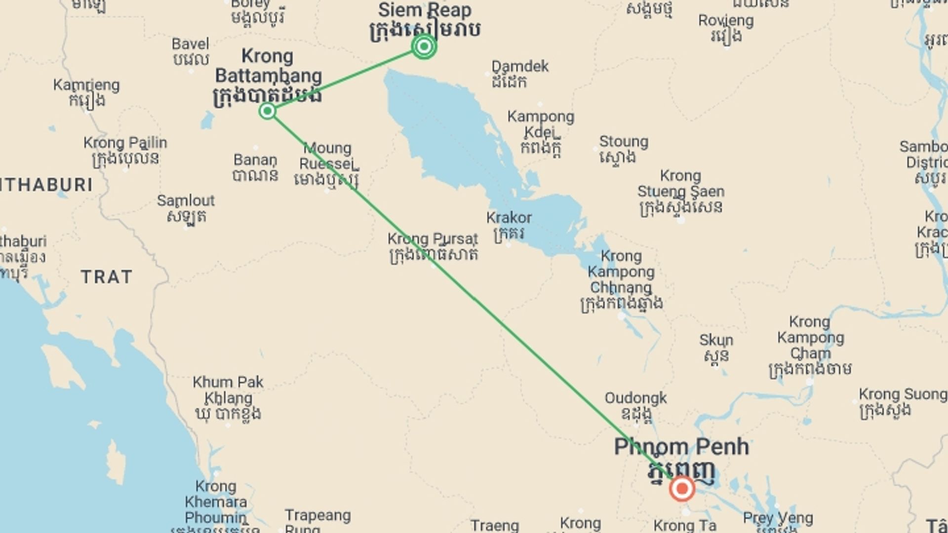 A map showing the tour itinerary for the trip: A Historical Journey in Cambodia - 10 Days Private Tour, starting in Siem Reap, Cambodia and ending in Phnom Penh, Cambodia going through 1 other destinations.