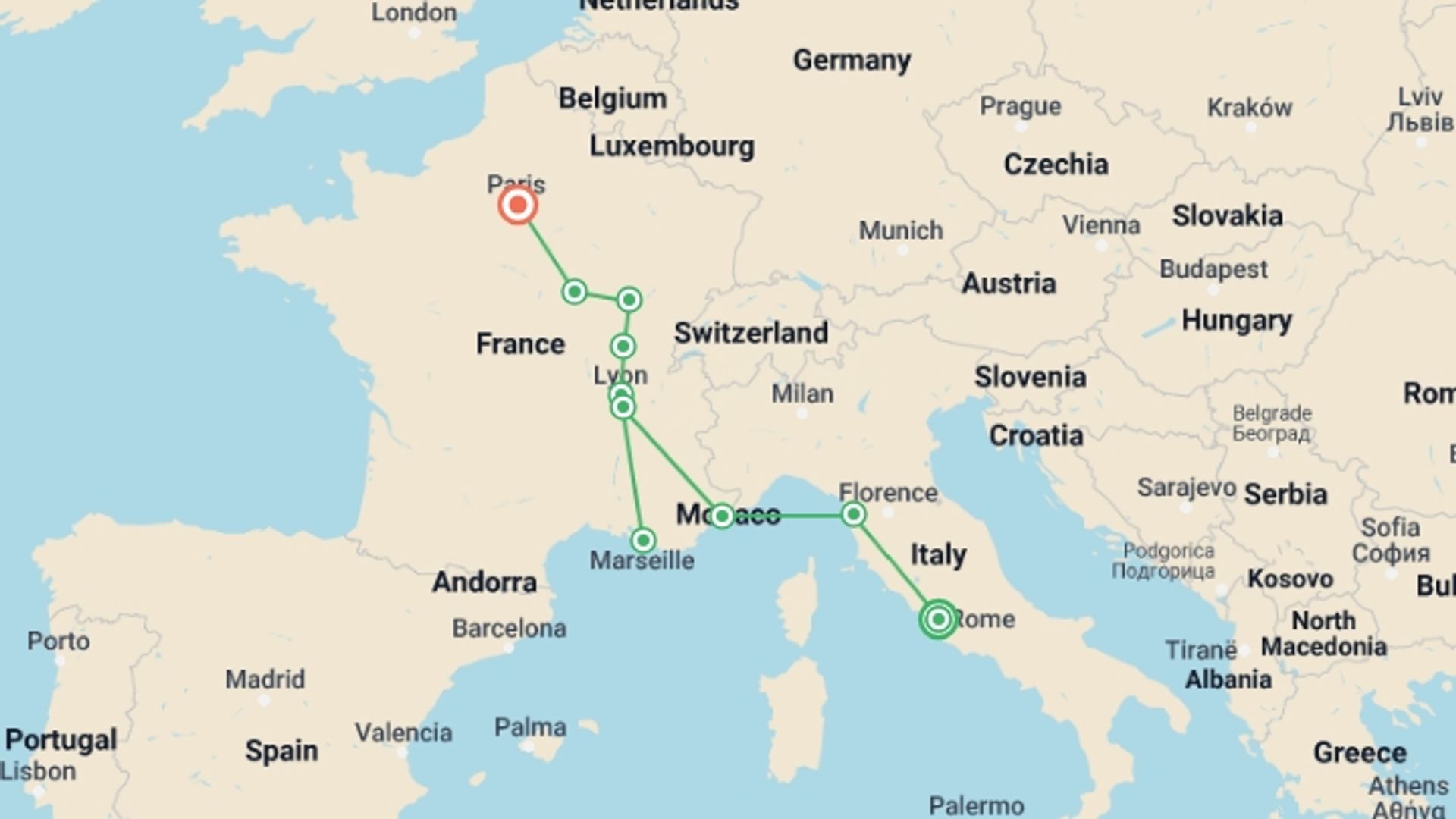 A map showing the tour itinerary for the trip: Rome and Best of France, starting in Rome, Italy and ending in Paris, France going through 4 other destinations.