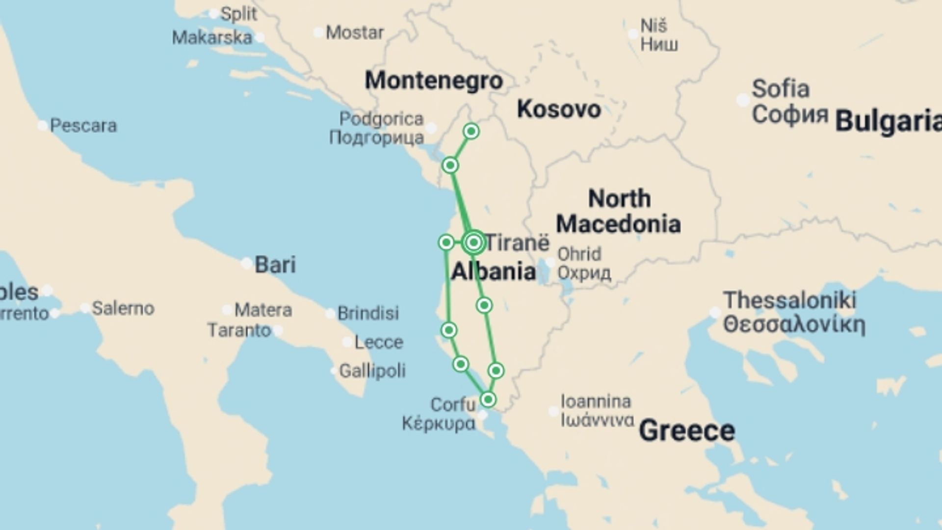 A map showing the tour itinerary for the trip: Highlights of Albania - 8 days, starting in Tirana, Albania and ending in Tirana, Albania going through 5 other destinations.