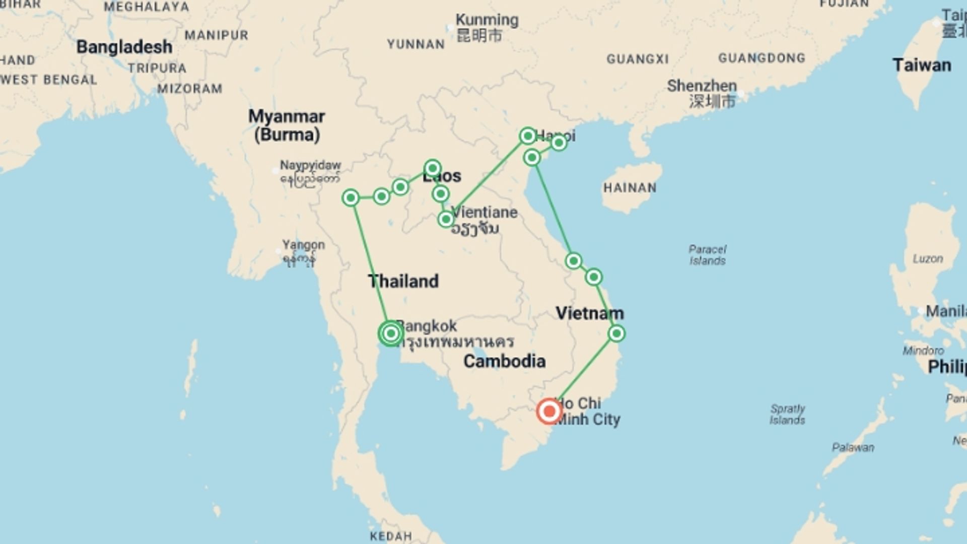 A map showing the tour itinerary for the trip: Real Thailand to Vietnam, starting in Bangkok, Thailand and ending in Ho Chi Minh City, Vietnam going through 12 other destinations.