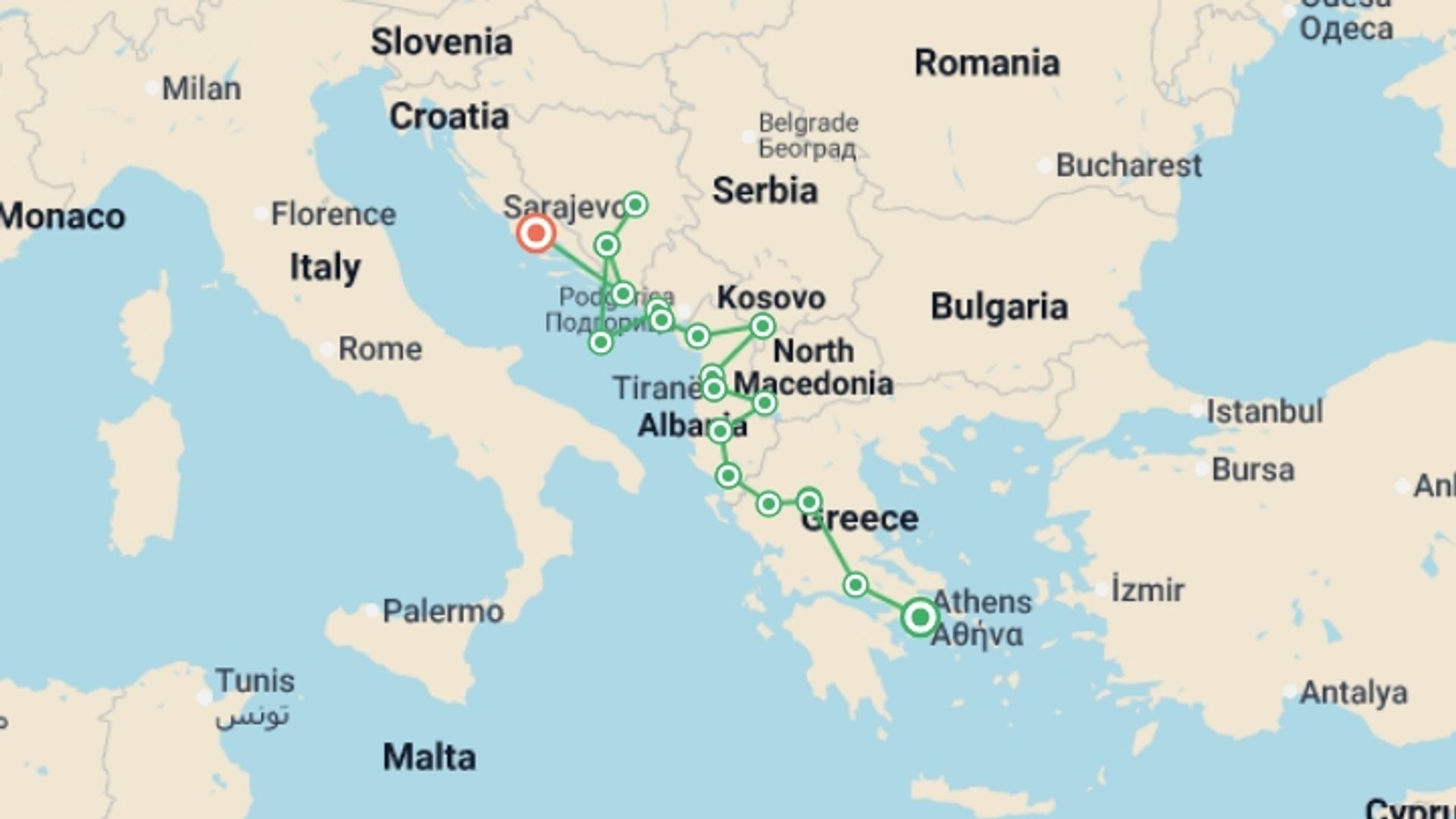 A map showing the tour itinerary for the trip: Athens to the Adriatic - 14 days, starting in Athens, Greece and ending in Split, Croatia going through 10 other destinations.