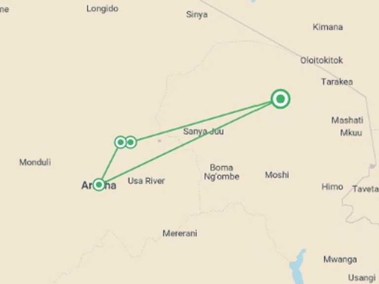 Map itinerary of Tanzania Tour in April 2027 with 5 destination visits for the trip: 3 DAYS MOUNT MERU TREKKING