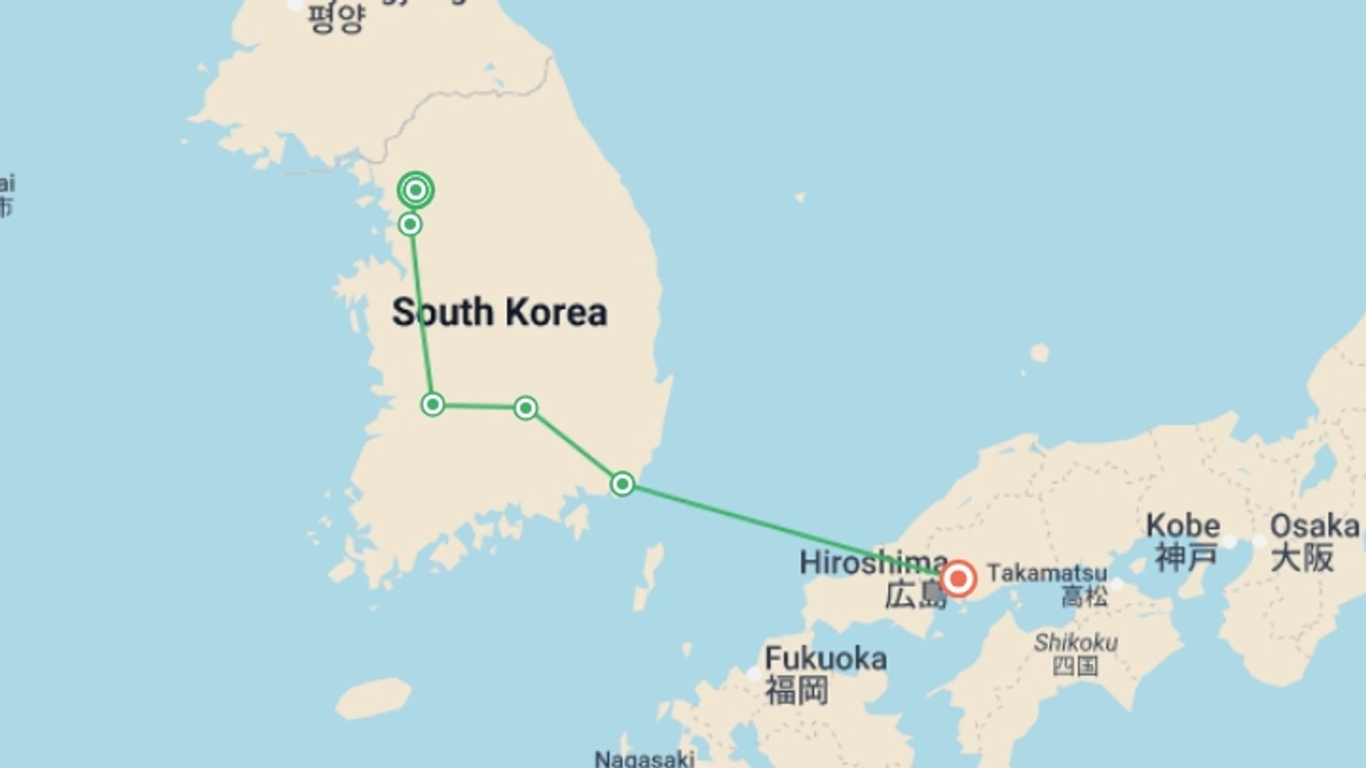A map showing the tour itinerary for the trip: From Seoul to Hiroshima, starting in Seoul, South Korea and ending in Hiroshima, Japan going through 2 other destinations.