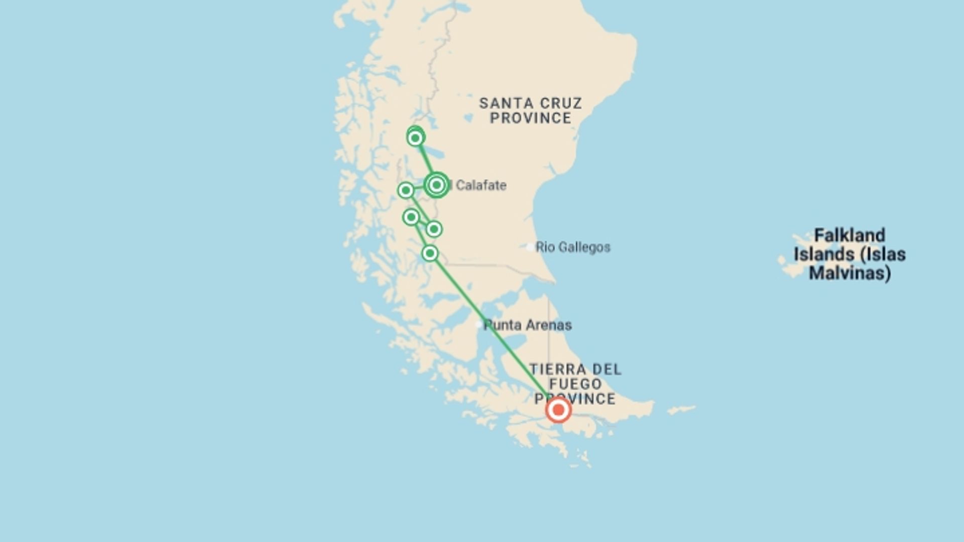 A map showing the tour itinerary for the trip: The Majestic Spires of Argentina and Chile 15D/14N, starting in El Calafate, Argentina and ending in Ushuaia, Argentina going through 7 other destinations.
