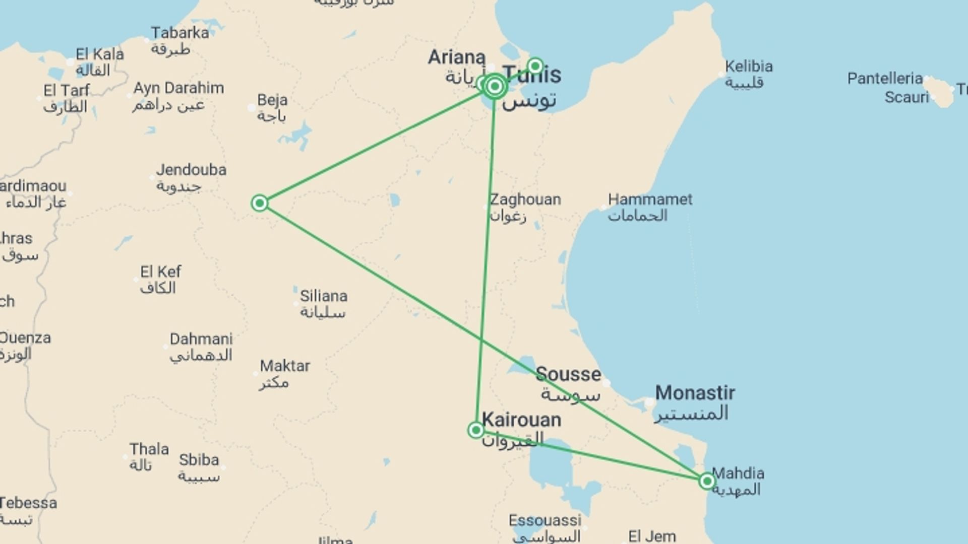 A map showing the tour itinerary for the trip: Tunisian Coast and Ancient Carthage in Summer, starting in Tunis, Tunisia and ending in Tunis, Tunisia going through 5 other destinations.