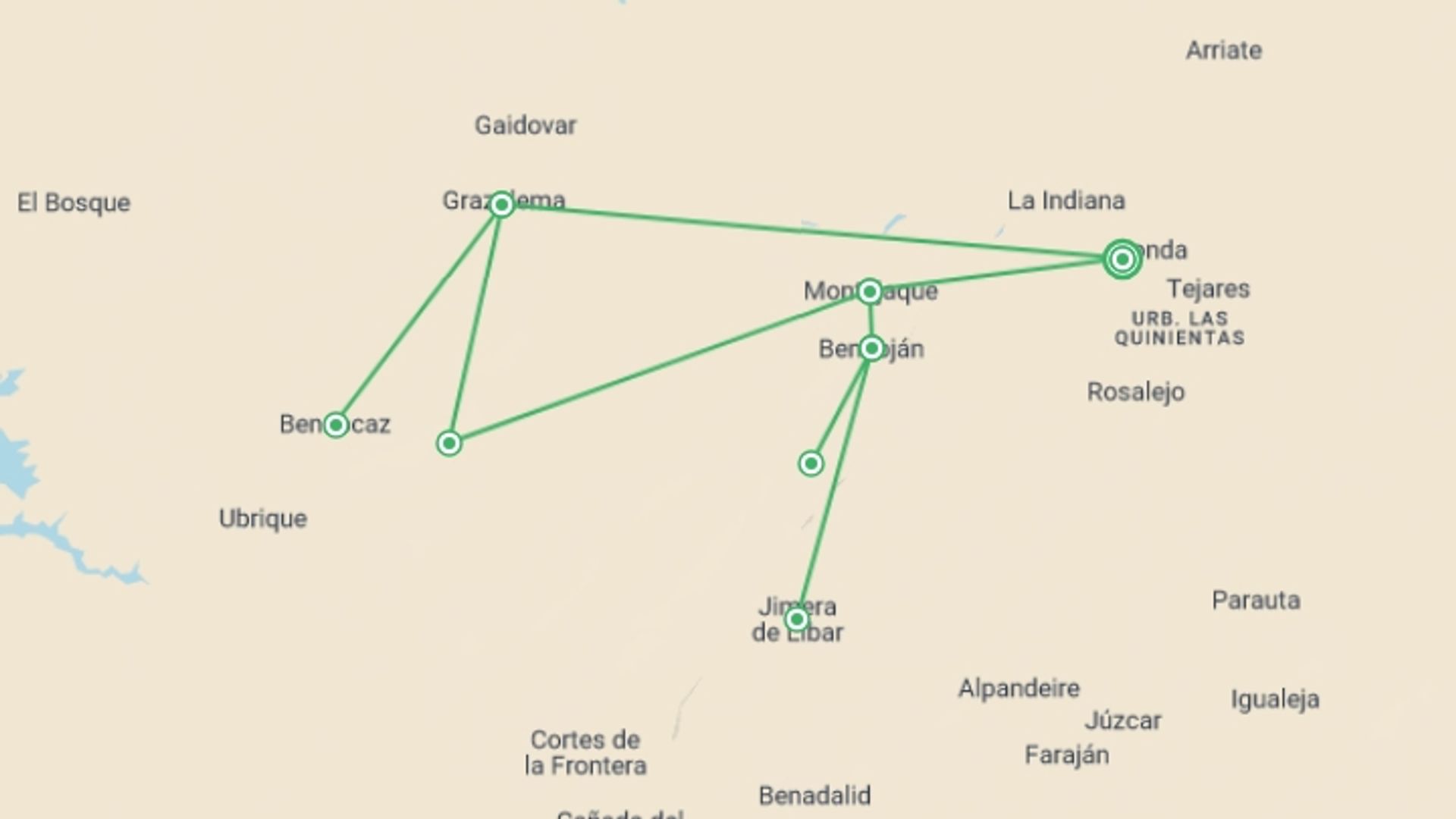A map showing the tour itinerary for the trip: Ronda and the Sierra de Grazalema, starting in Ronda, Spain and ending in Ronda, Spain going through 2 other destinations.