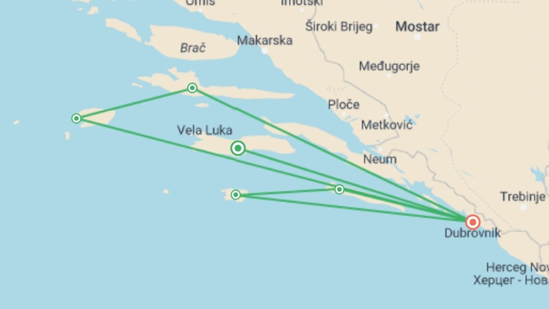 A map showing the tour itinerary for the trip: Seafront Villa & Yacht Cruise Combo Holiday, starting in Korcula Island, Croatia and ending in Dubrovnik, Croatia going through 4 other destinations.