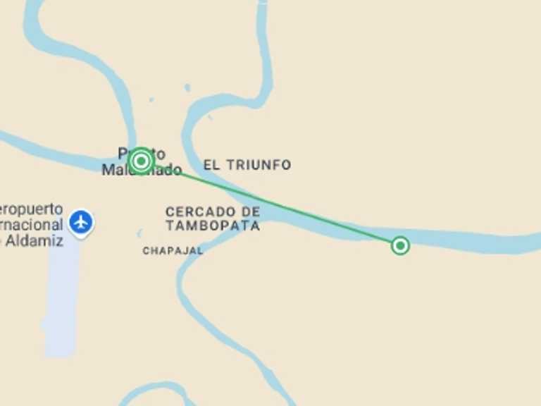 Map itinerary of Puerto Maldonado Tour in November 2026 with 2 destination visits for the trip: Puerto Maldonado Amazon Superior Lodge 3D/2N (from Puerto Maldonado)