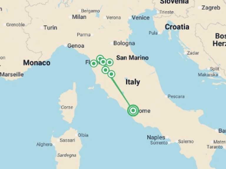 Map itinerary of Italy Tour in June 2026 with 5 destination visits for the trip: Rome and Tuscan Highlights