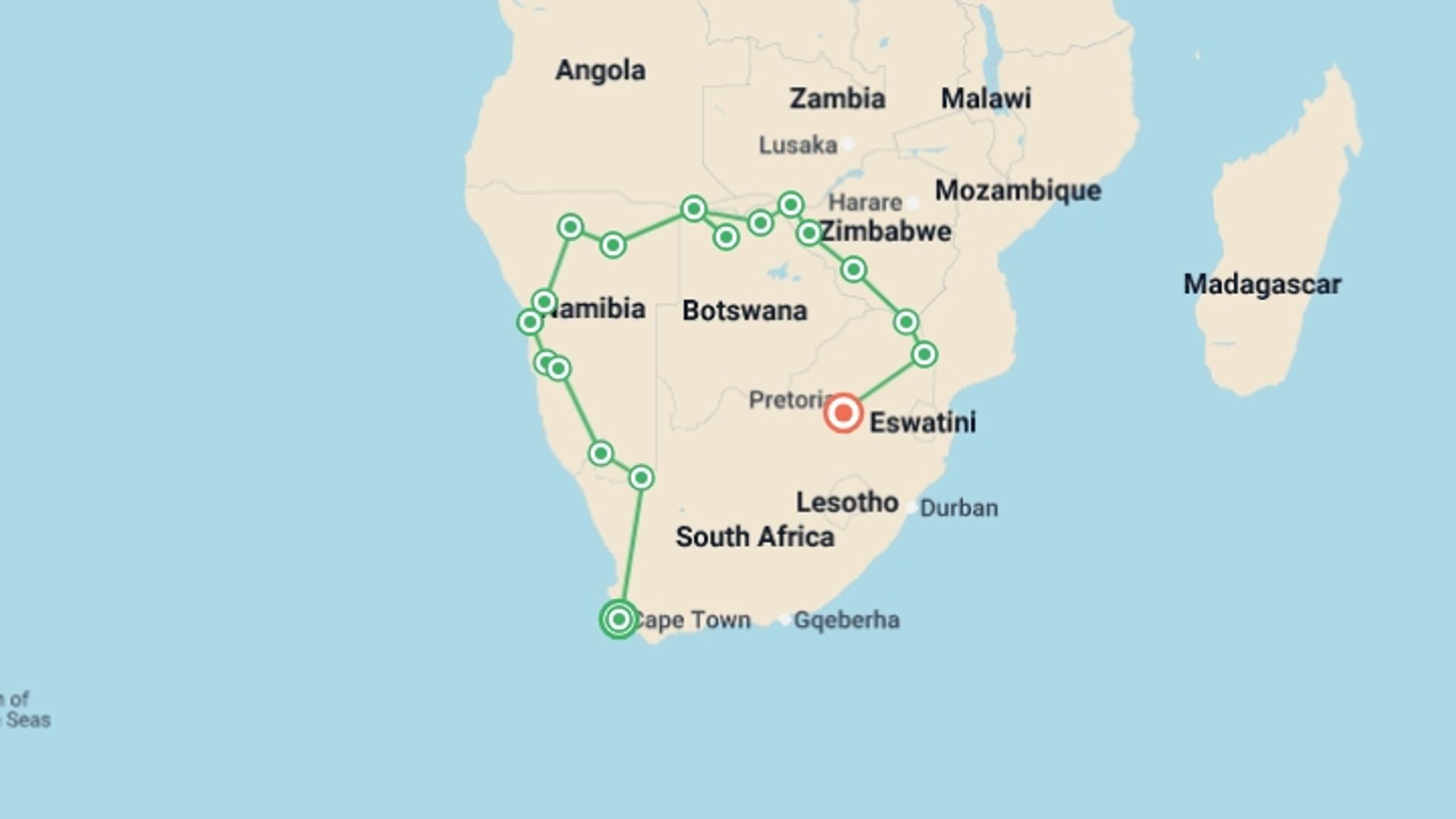 A map showing the tour itinerary for the trip: Southern Africa Adventure, starting in Cape Town, South Africa and ending in Johannesburg, South Africa going through 16 other destinations.
