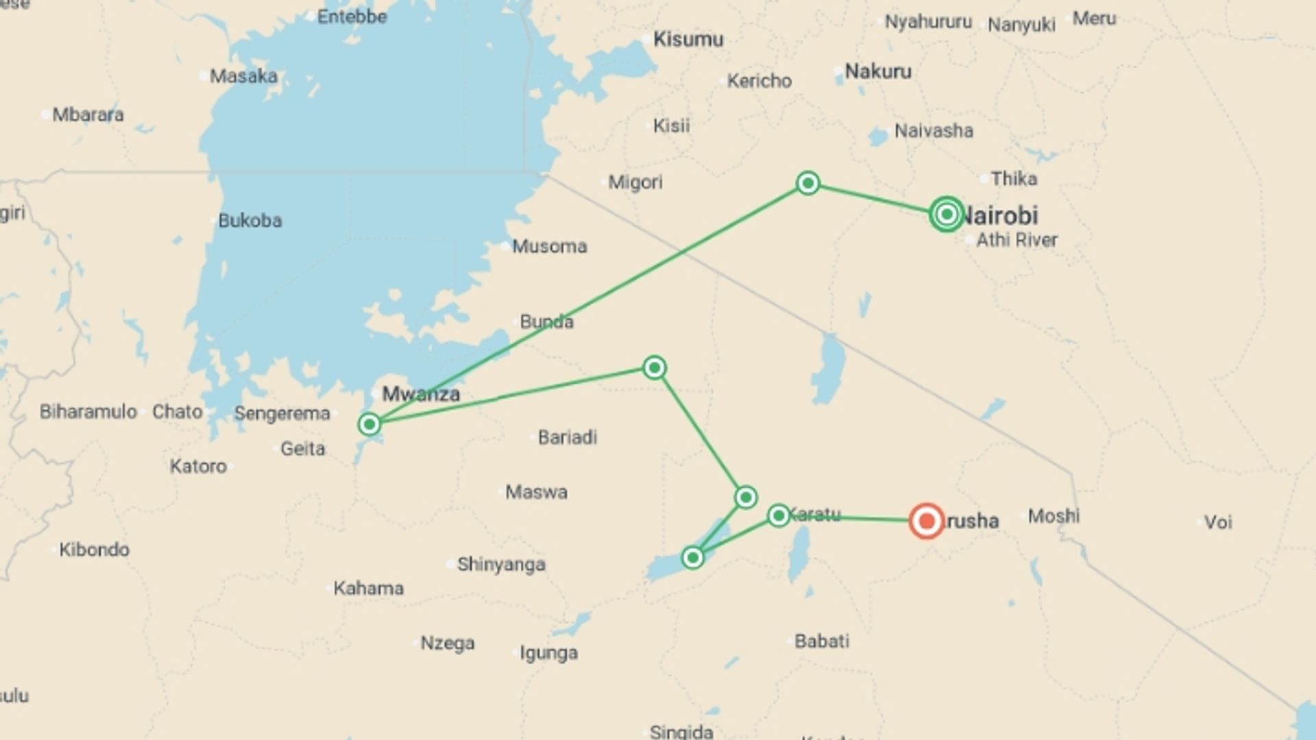 A map showing the tour itinerary for the trip: East Africa Highlights, starting in Nairobi, Kenya and ending in Arusha, Tanzania going through 6 other destinations.