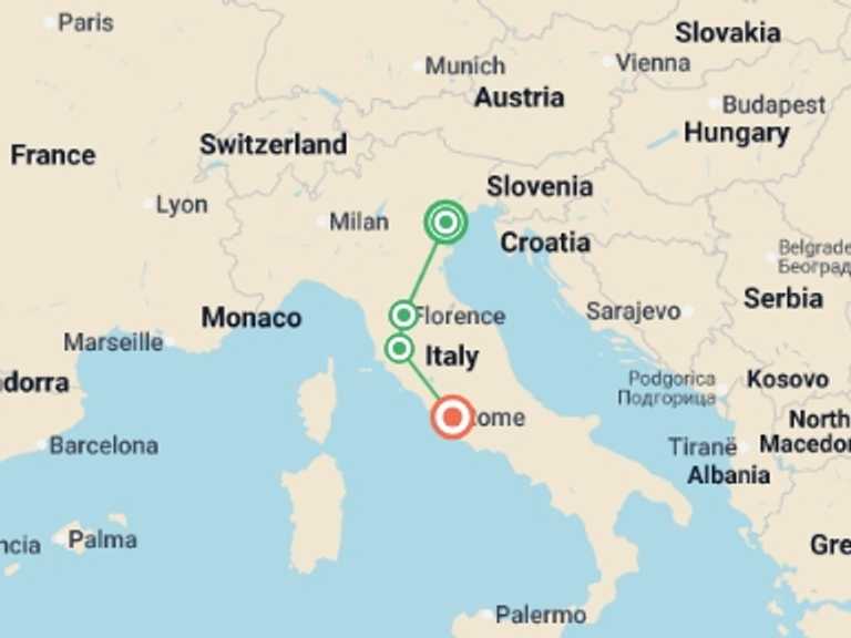 Map of Europe Tour with 4 destination visits for the trip: Signature: Italy's Venice, Florence, Tuscany & Rome