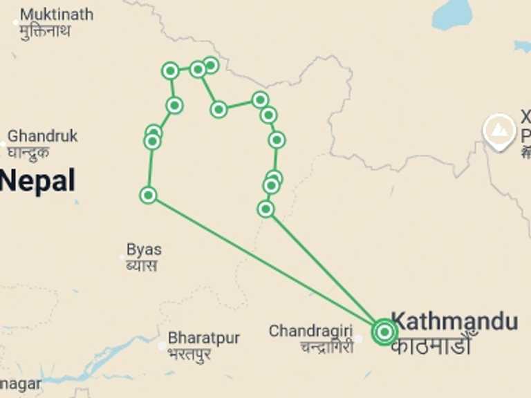 Map of a Adventure Tour with 14 destination visits for the trip: Manaslu Circuit Trek
