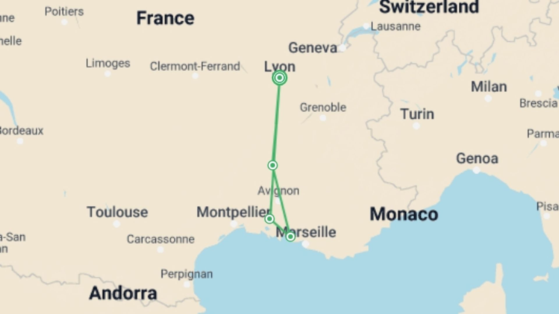 A map showing the tour itinerary for the trip: Family Club - A trip to admire the beautiful scenery of the Rhône valley (port-to-port cruise), starting in Lyon, France and ending in Lyon, France going through 3 other destinations.