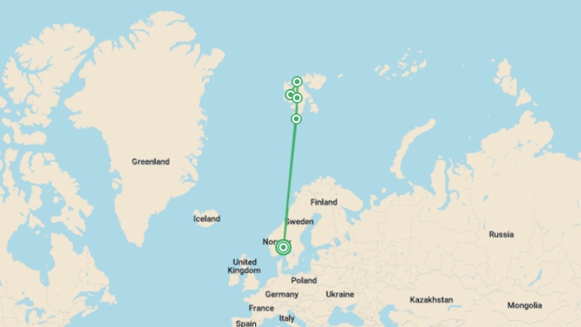A map showing the tour itinerary for the trip: Realm of the Polar Bear In Depth - M/V Greg Mortimer, starting in Oslo, Norway and ending in Oslo, Norway going through 5 other destinations.