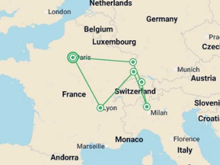 Map of Mediterranean Tour with 6 destination visits for the trip: France and Switzerland with enchanted Alsace