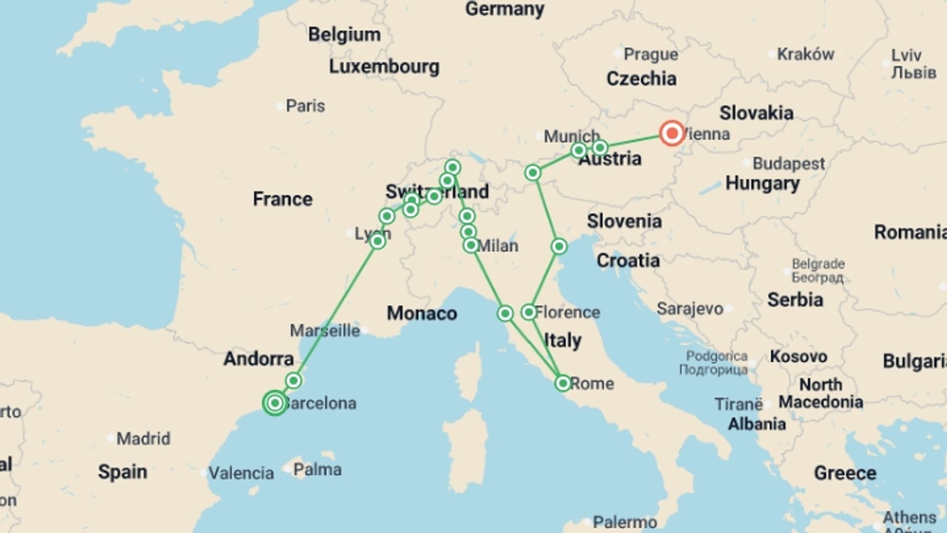 A map showing the tour itinerary for the trip: Magical Europe, starting in Barcelona, Spain and ending in Vienna, Austria going through 9 other destinations.
