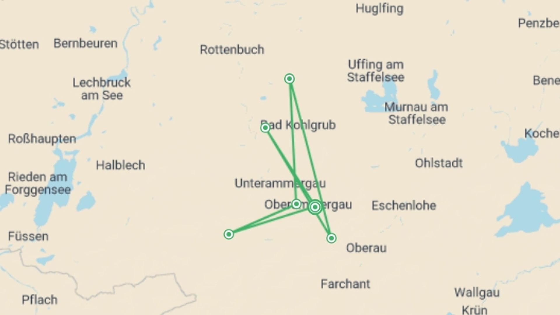 A map showing the tour itinerary for the trip: Walking in Southern Bavaria, starting in Oberammergau, Germany and ending in Oberammergau, Germany going through 5 other destinations.