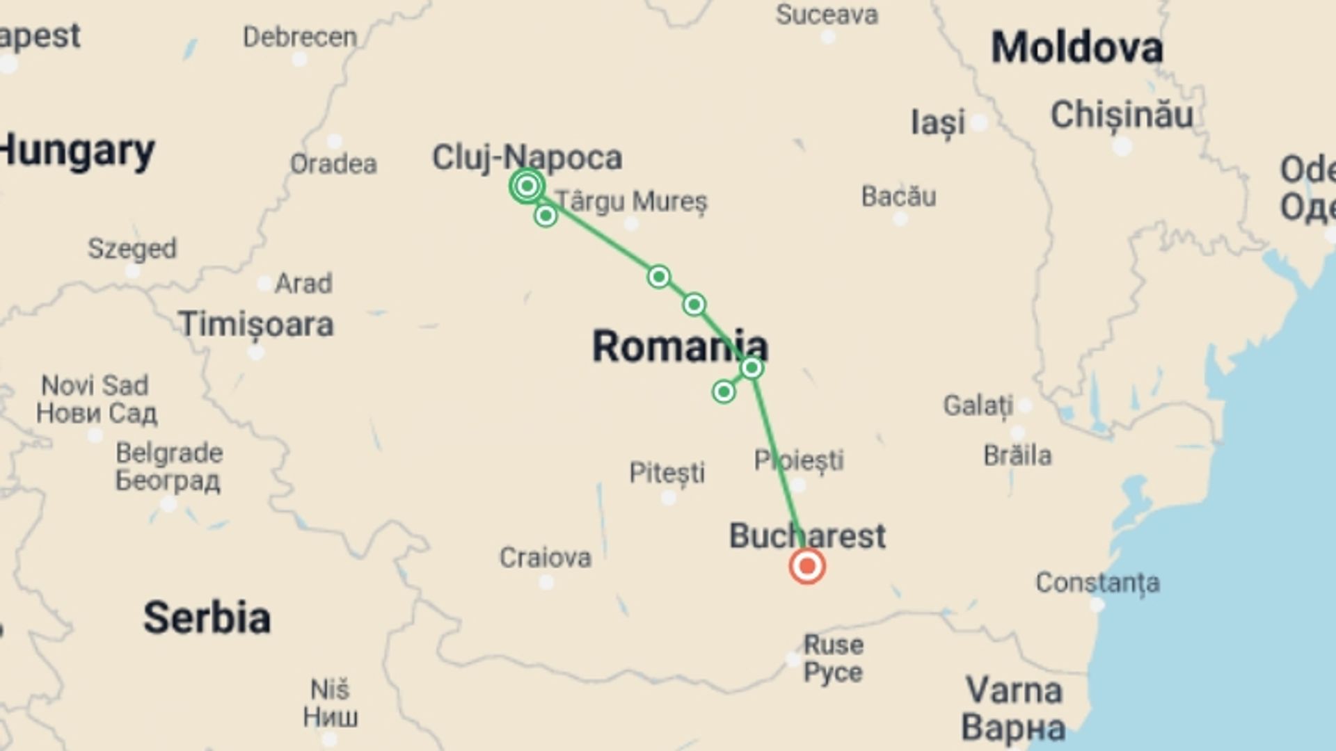A map showing the tour itinerary for the trip: Halloween in Transylvania (Southbound), starting in Cluj-napoca, Romania and ending in Bucharest, Romania going through 3 other destinations.