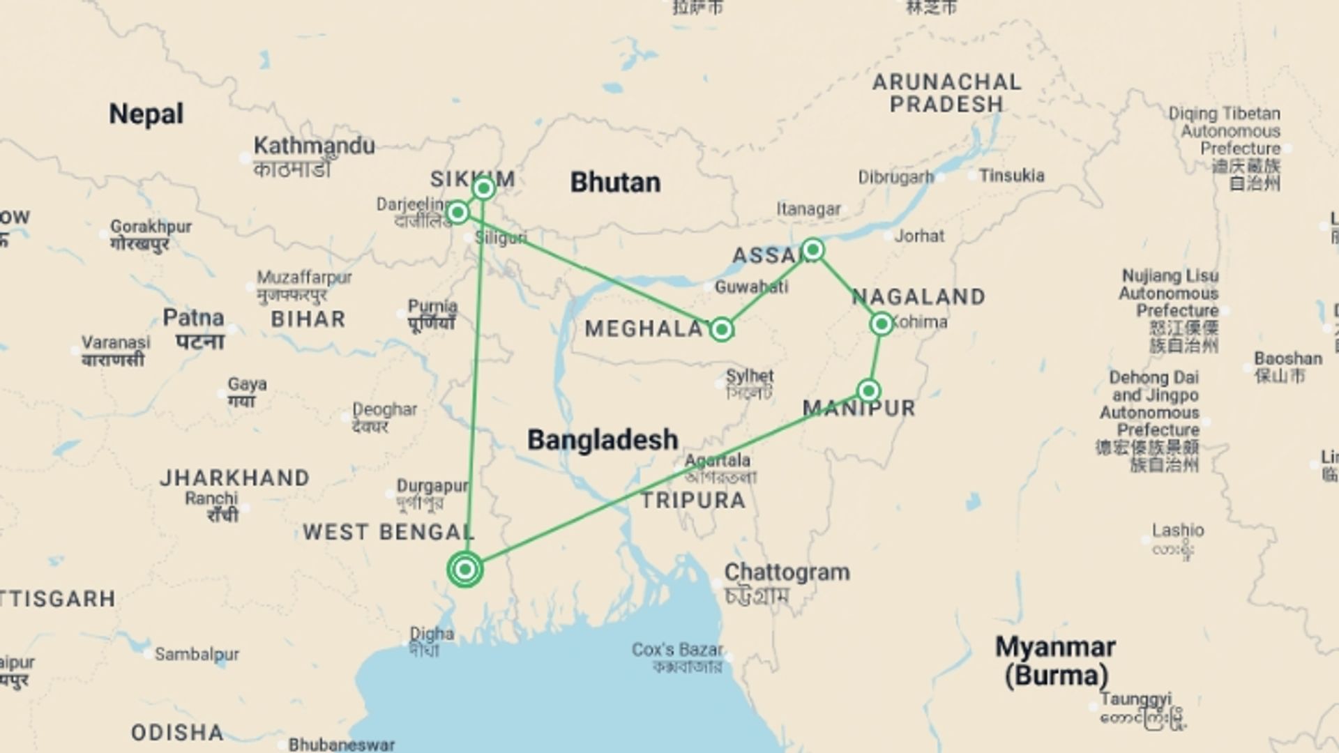 A map showing the tour itinerary for the trip: India Expedition: Sikkim, Assam & Nagaland, starting in Kolkata, India and ending in Kolkata, India going through 6 other destinations.