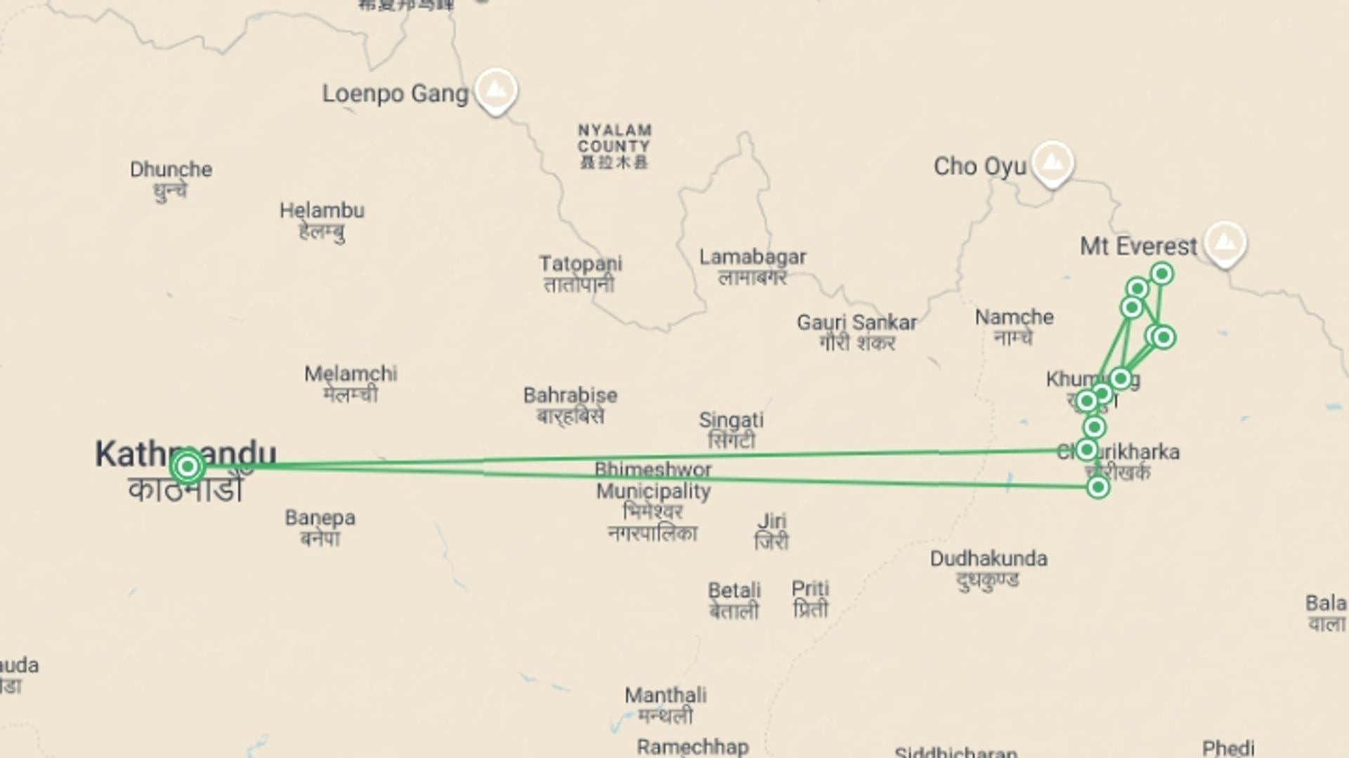 A map showing the tour itinerary for the trip: Everest Base Camp Trek, starting in Kathmandu, Nepal and ending in Kathmandu, Nepal going through 11 other destinations.