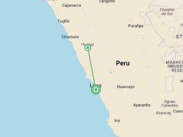 Map itinerary of Lima Tour in July 2026 with 2 destination visits for the trip: Peru: Lima to Huaraz