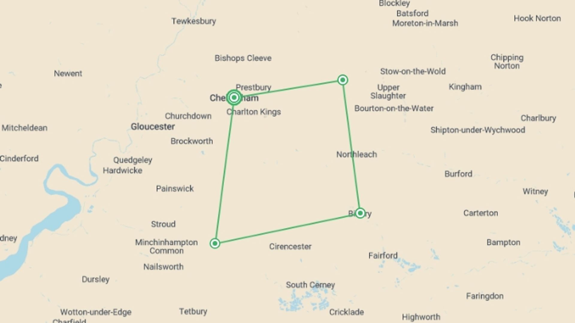 A map showing the tour itinerary for the trip: Cotswolds by Bike, starting in Cheltenham, England and ending in Cheltenham, England going through 3 other destinations.