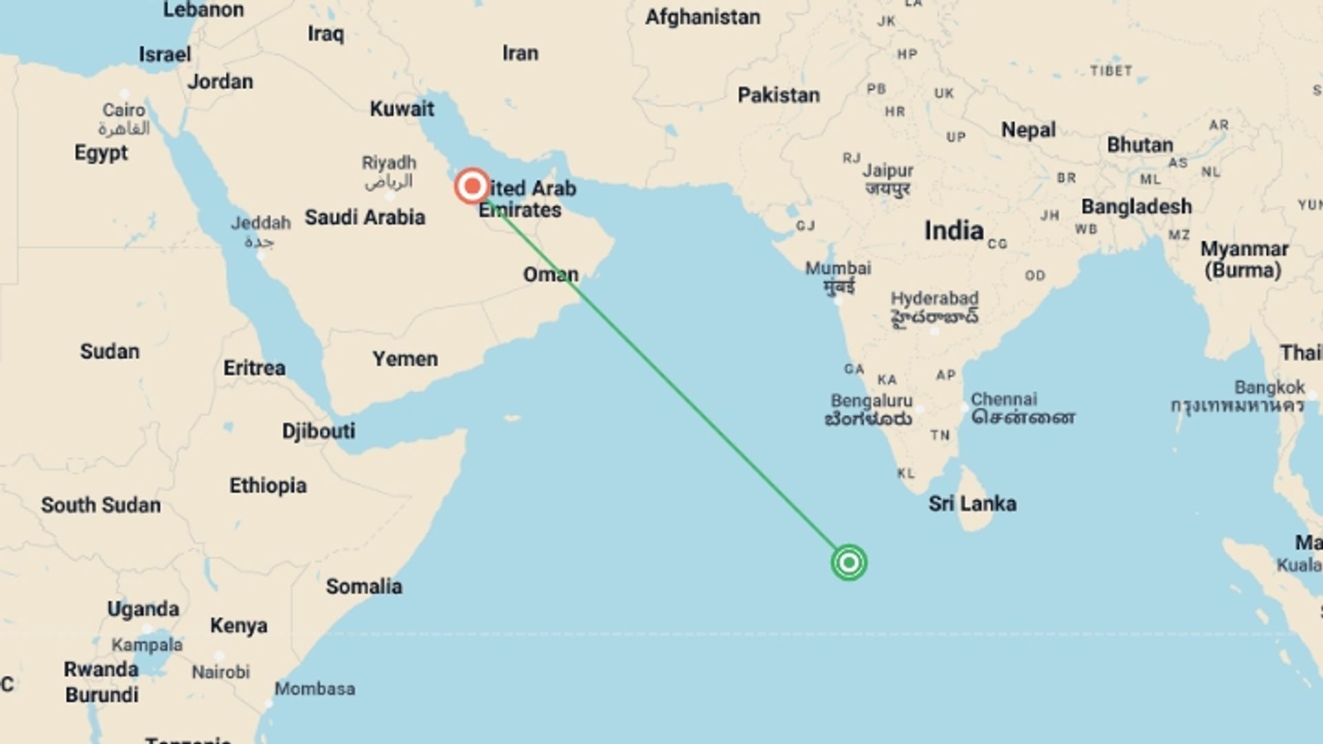 A map showing the tour itinerary for the trip: Dazzling Maldives and Qatar, starting in Male, Maldives and ending in Doha, Qatar going through 0 other destinations.