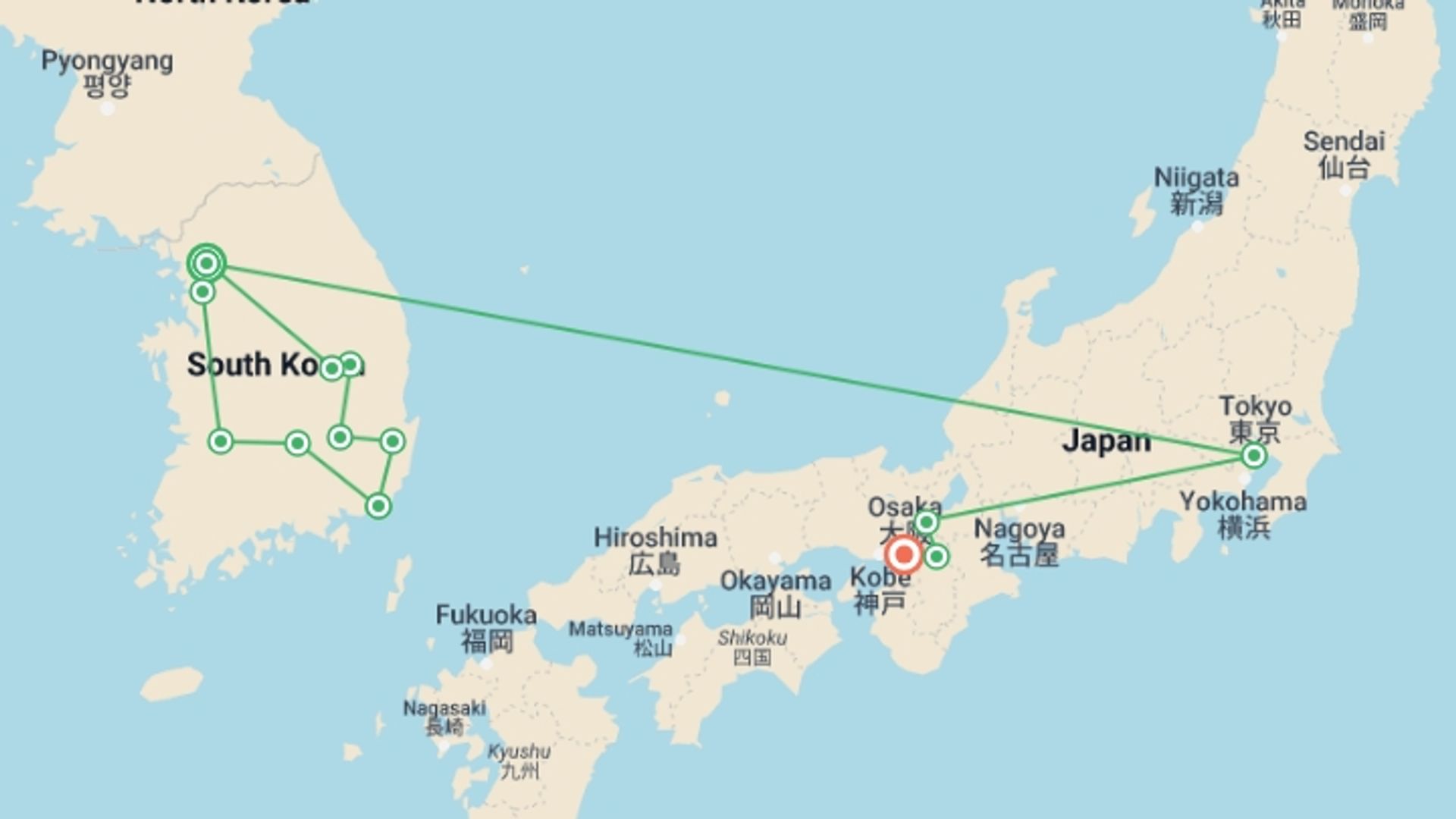 A map showing the tour itinerary for the trip: Complete Korea with Tokyo, Kyoto, and Osaka, starting in Seoul, South Korea and ending in Osaka, Japan going through 5 other destinations.